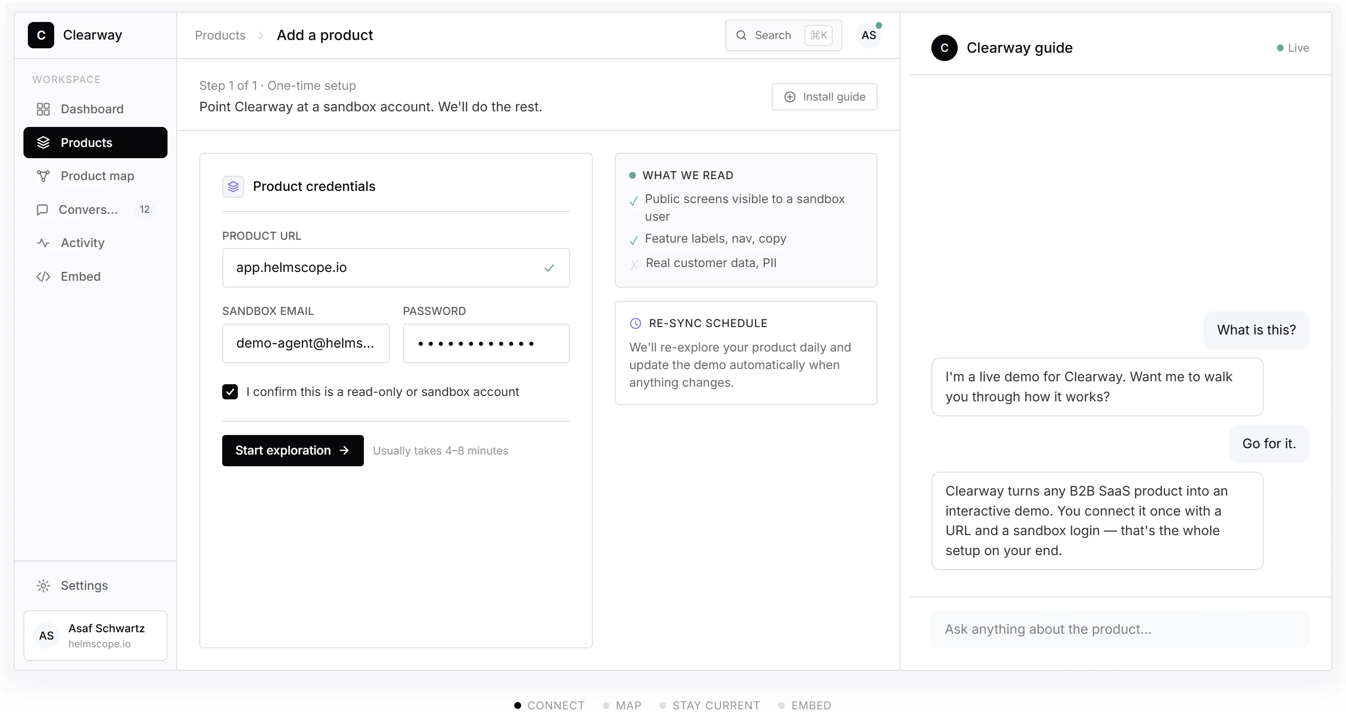 Clearway Demo account credentials form: product URL, Demo account email, password, and a Start exploration button.